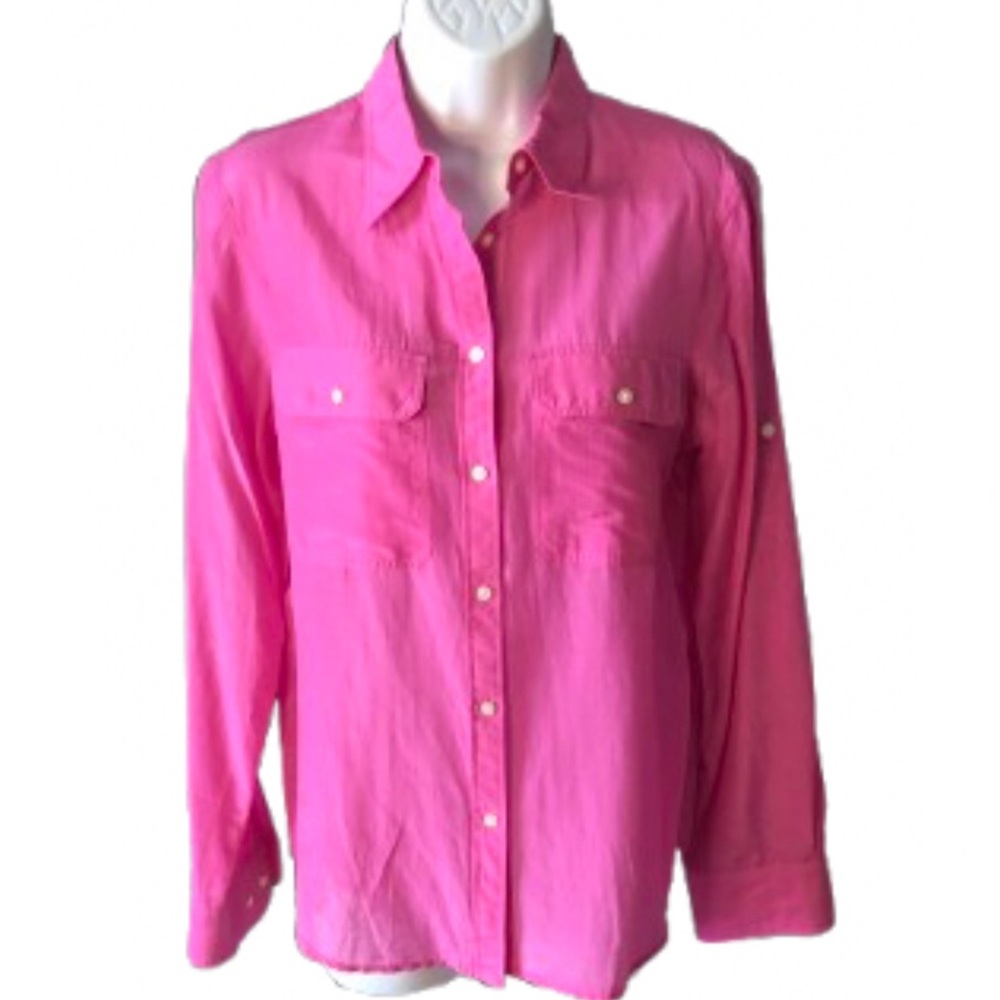 LAUREN RALPH LAUREN SILK BLEND BUTTON FRONT BLOUSE • BARBIECORE PINK • Sz M